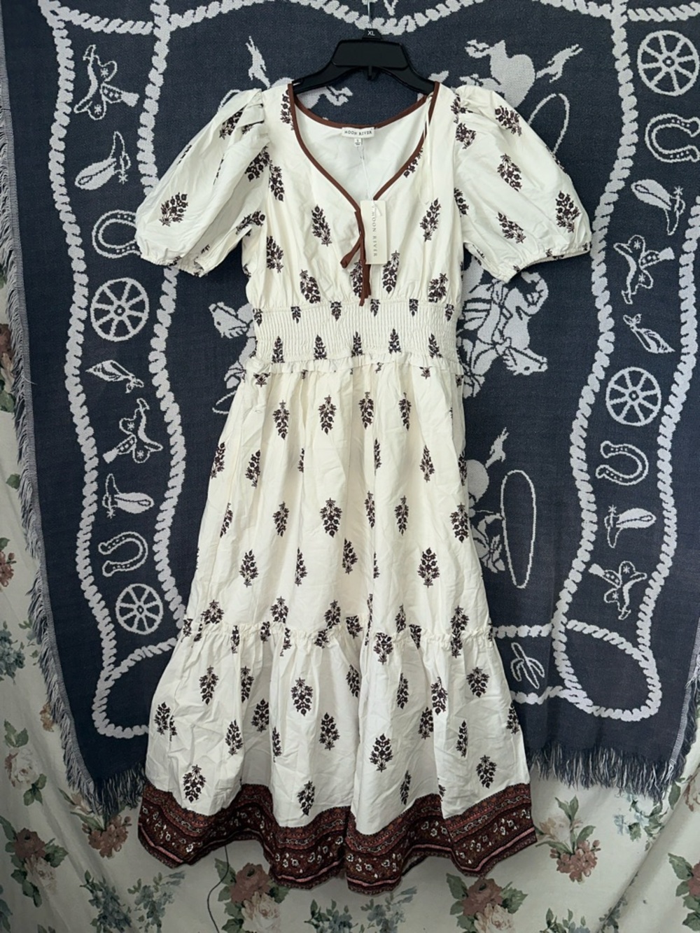 Moon River White Maxi Dress with Brown Floral Print